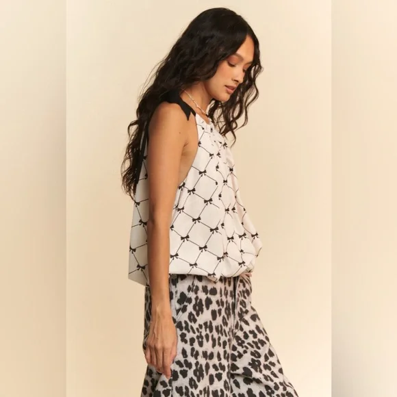 Davi & Dani Ribbon Checker Printed Tie Halter Neck Blouse Top🆕 - Picture 6 of 8